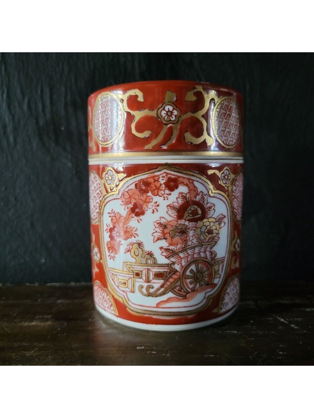 Vintage Gold Imari Hand Painted Spice Tea Jar With Lid Red Gold Japanese Floral